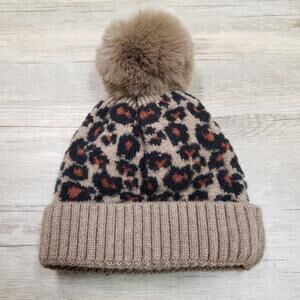 SIAOMIMI Hat Beanie Girls One Size Brown Leopard Faux Fur Pom Lined Knit Winter